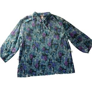 Ms Lea Casuals Floral Pleated Tie‎ Neck Blouse 24W Boho VTG USA Floral Top Boho